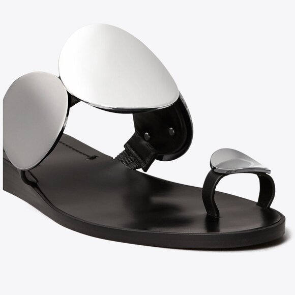 TORY BURCH  $348 Patos Multi-Disk Sandal Black Two Tone Metal Silver - Picture 3 of 13